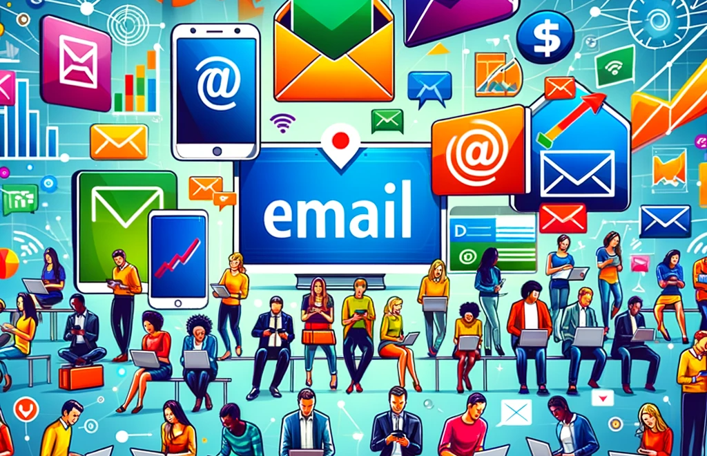 Graphic illustrating effective email marketing strategies, showcasing a diverse group of people engaging with digital content on various devices, symbolizing the wide reach and impact of email campaigns in the digital marketing landscape