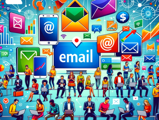 Graphic illustrating effective email marketing strategies, showcasing a diverse group of people engaging with digital content on various devices, symbolizing the wide reach and impact of email campaigns in the digital marketing landscape