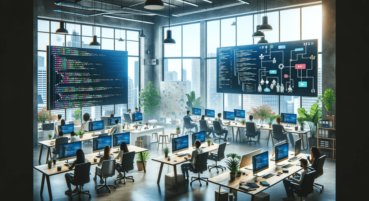 Modern, vibrant office workspace with diverse software developers collaborating around a large table, programming code on computer screens, digital whiteboards with flowcharts, plants, and a city view from a large window, reflecting creativity and teamwork in software development.